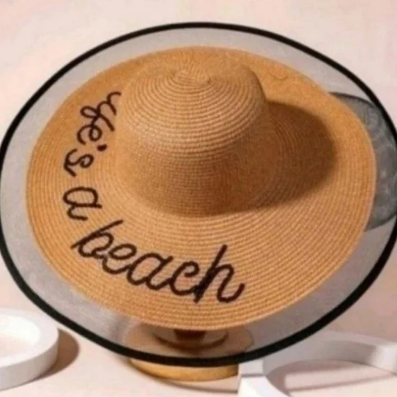 Tan Wide Brim Hat with Black Lettering